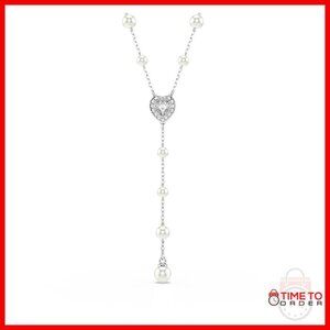 Crystal Pearl Y-Necklace with Heart Motif, Rhodium Finish, 18-inch